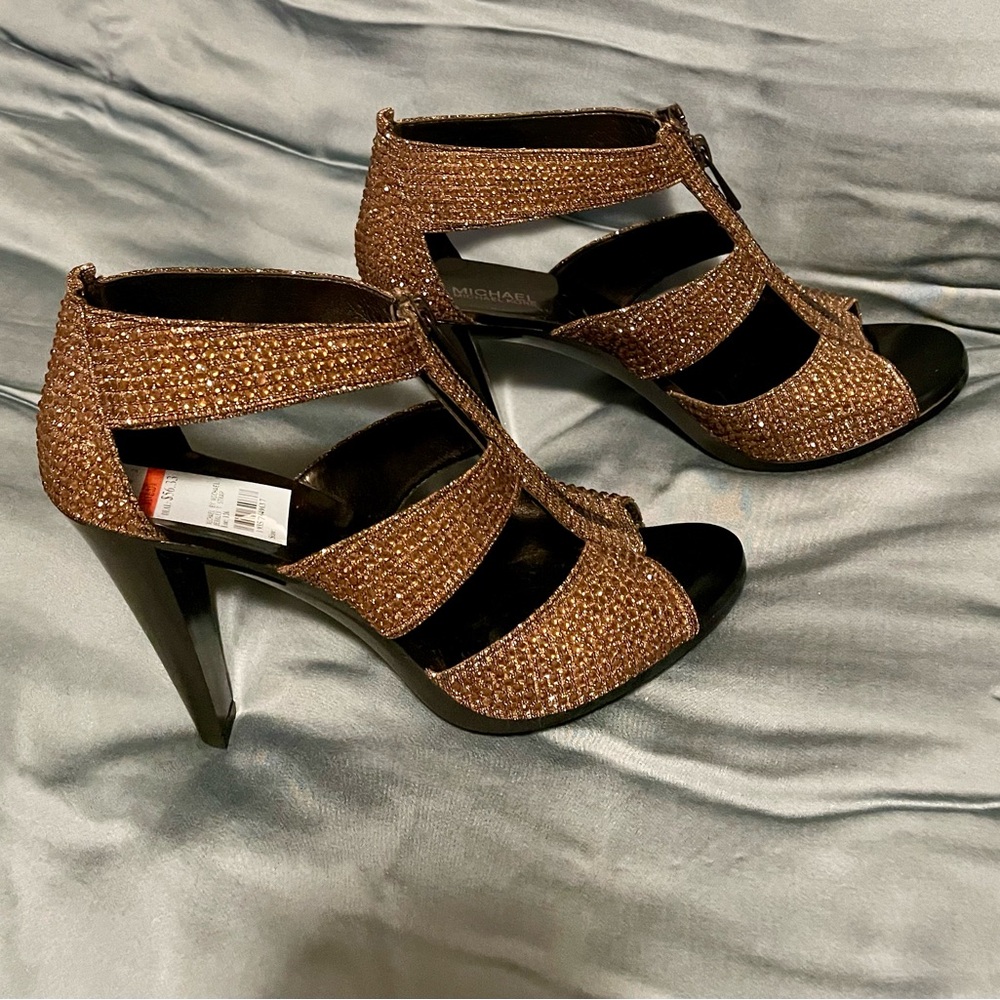 Michael Kors Berkley T Strap Heel Bronze Rhinestone Zip 8